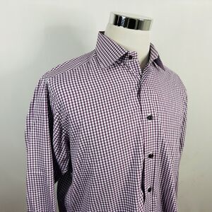 David Donahue 16.5 32/33 Trim Fit Dress Shirt Red White Plaid 100% Cotton Formal
